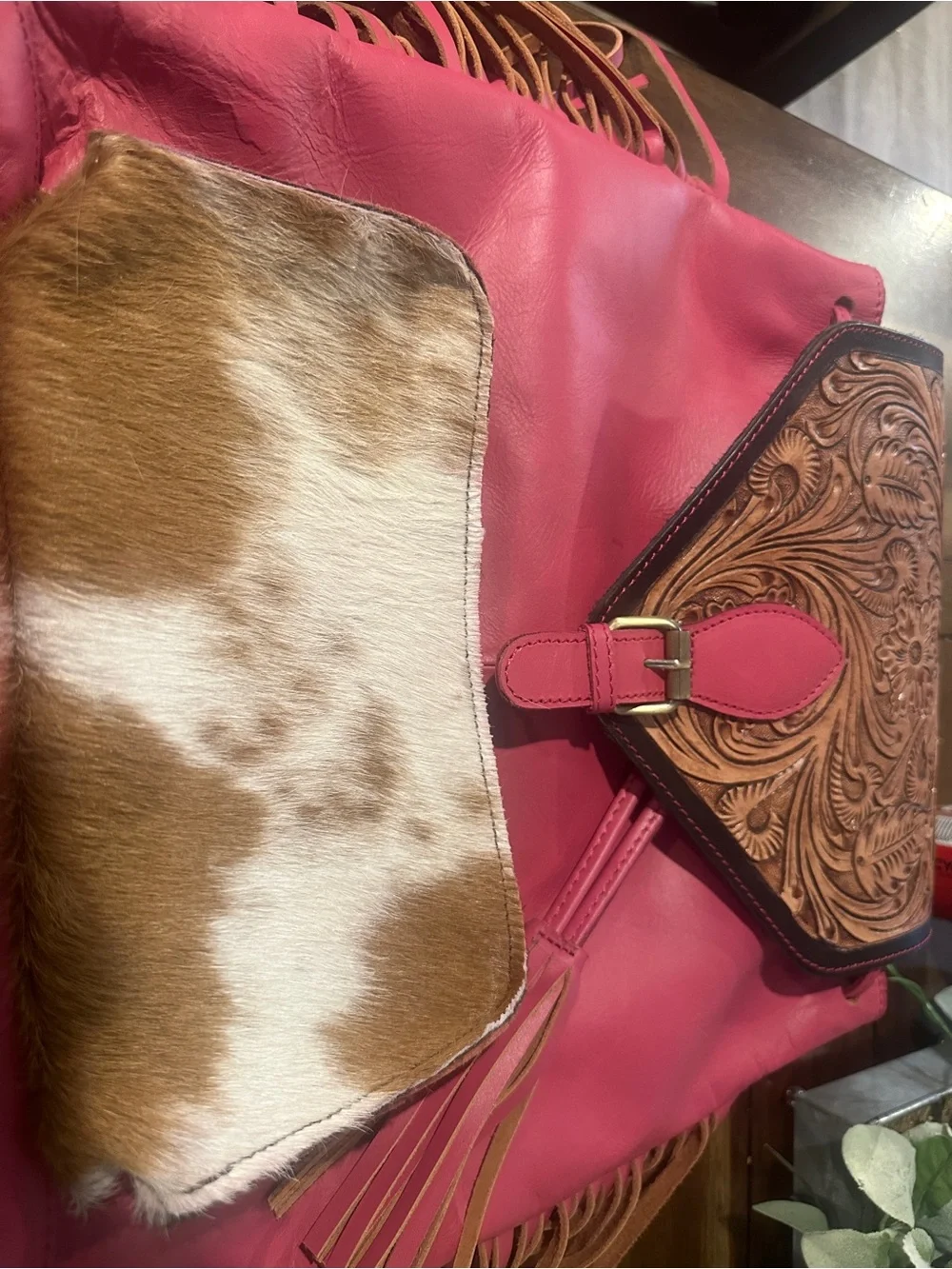 Pink Tooled Leather Flap Backpack with Haircalf Pocket